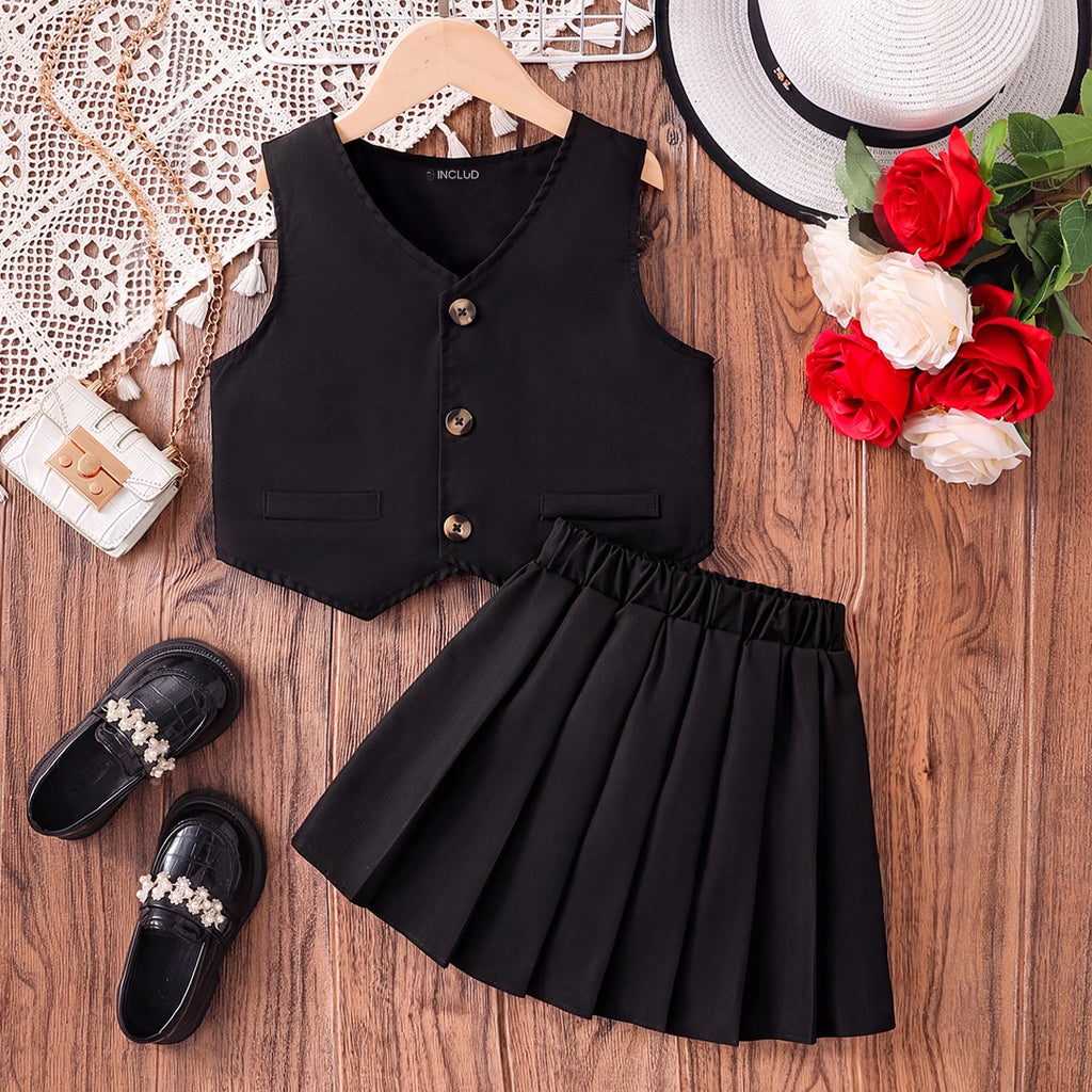 Girls Black Sleeveless Vest With Skirt Sets 2 pc. Sets Black 3-4 Y
