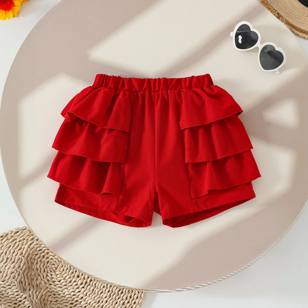Girls Graphics Short Sleeves Top With Red Ruffled Shorts Set Sets