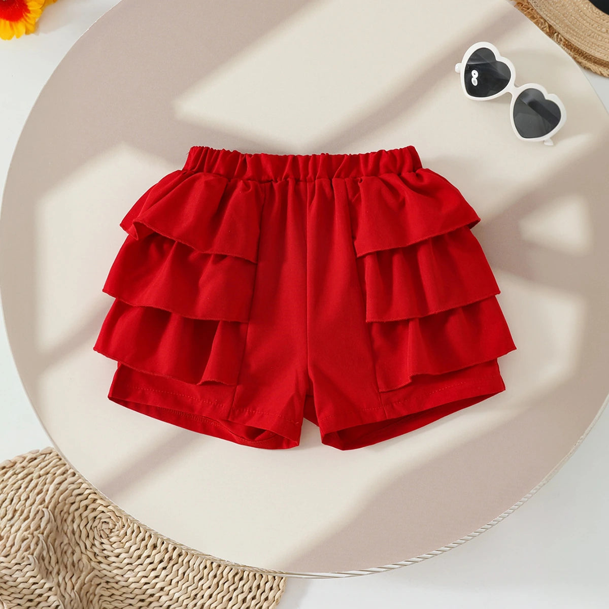 Girls Graphics Short Sleeves Top With Red Ruffled Shorts Set Sets