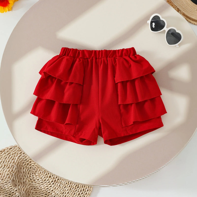 Girls Graphics Short Sleeves Top With Red Ruffled Shorts Set Sets