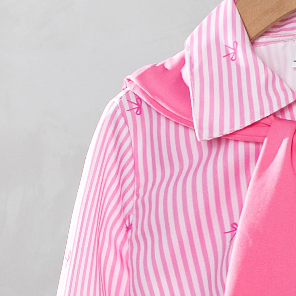 Girls Pink Stripes Long Sleeves Shirt & Scarf With Bow Embroidered Denim Pants Sets