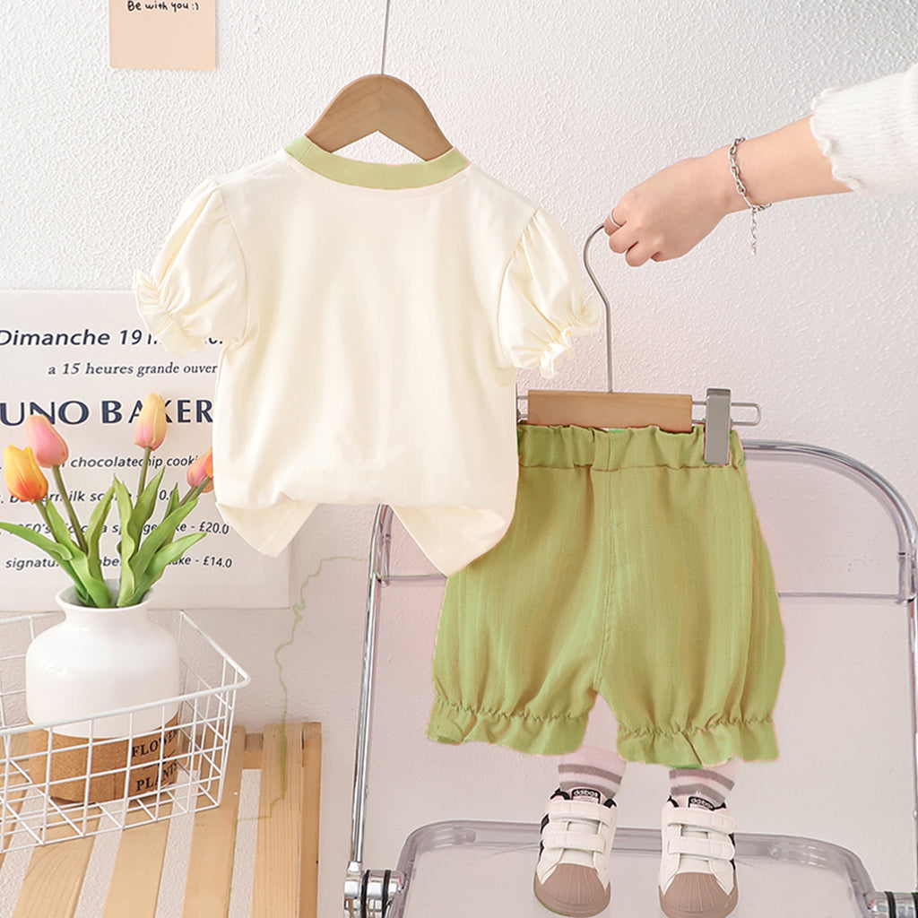 Girls Flower Printed Puff Sleeves Top With Green Shorts Set 2 pc. Sets