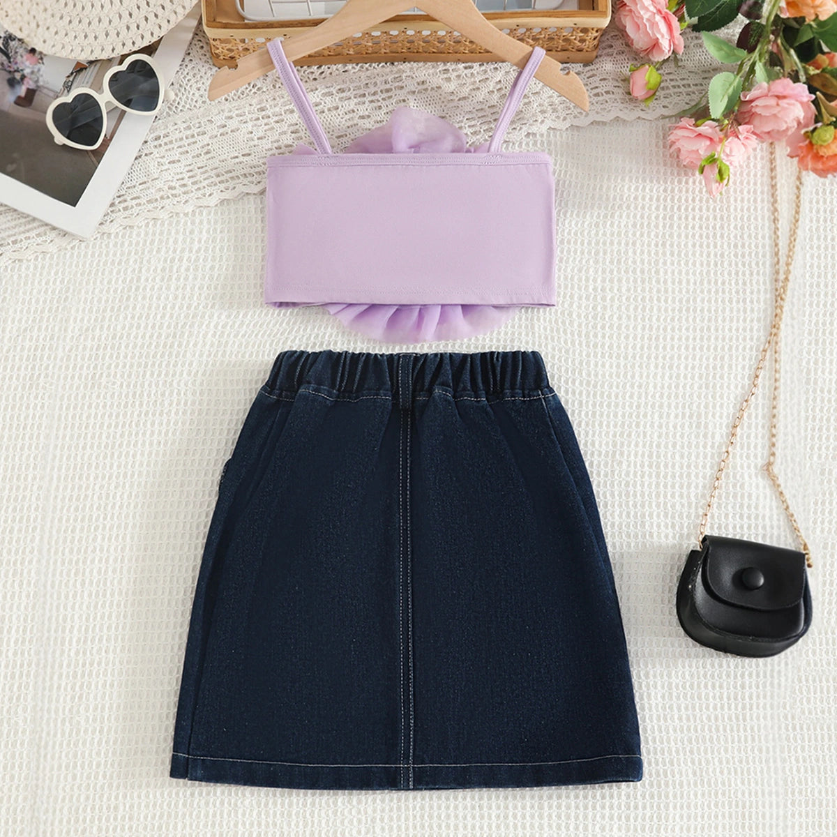 Girls Purple 3D Flower Applique Crop Top With Denim Skirts Set Sets