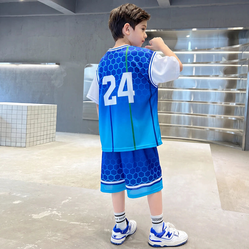 Boys Blue Typographic Print Short Sleeve T-Shirt With Shorts Sets 2 pc. Sets