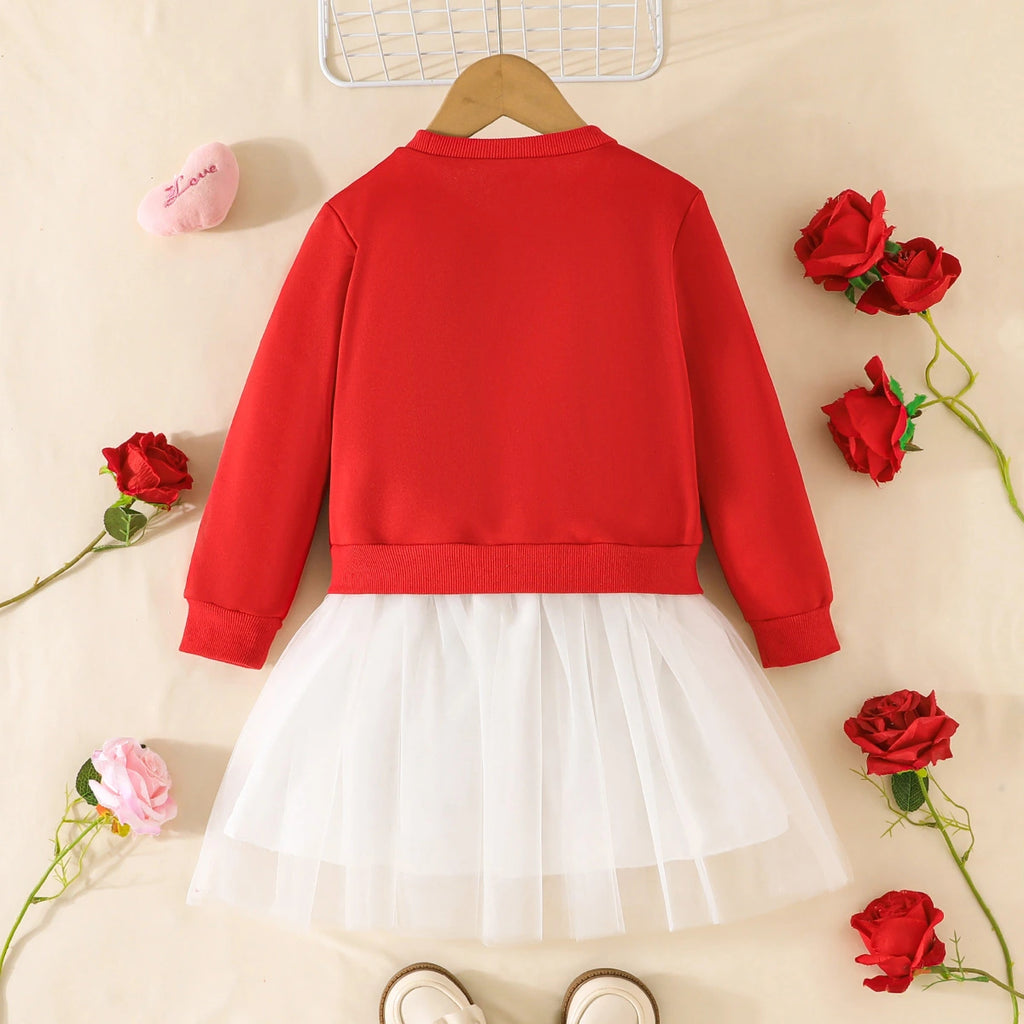 Girls Red Heart Printed Tulle Skirt Sweatshirt dress Casual Dresses