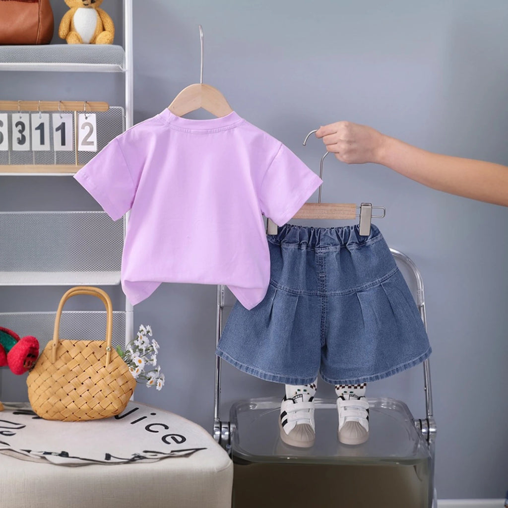 Girls Lavender Cherry Bow Embellished T-Shirt With Denim Shorts Sets 2 pc. Sets