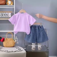 Girls Lavender Cherry Bow Embellished T-Shirt With Denim Shorts Sets 2 pc. Sets