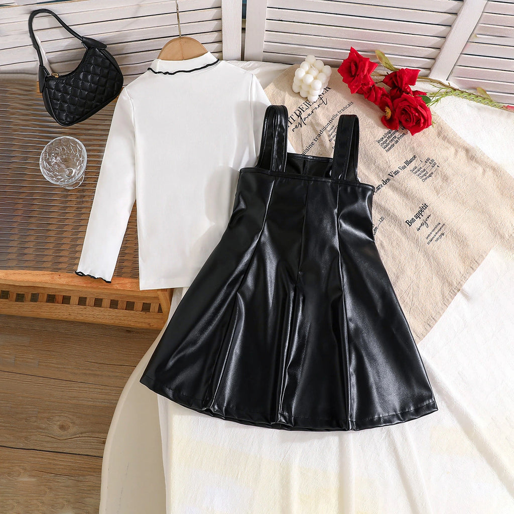 Girls Black Faux Leather Pinafore Dress With Long Sleeves Top Casual Dresses