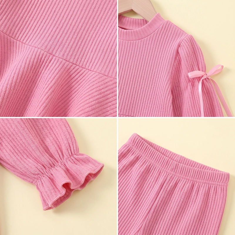 Girls Pink Ribbed Puff Sleeve Top & Flared Pants Co-ord Sets Sets