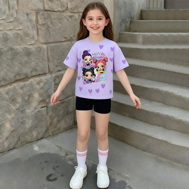 Girls Purple Graphics K-pop Print T-Shirt With Shorts Set Sets Purple 3-4 Y