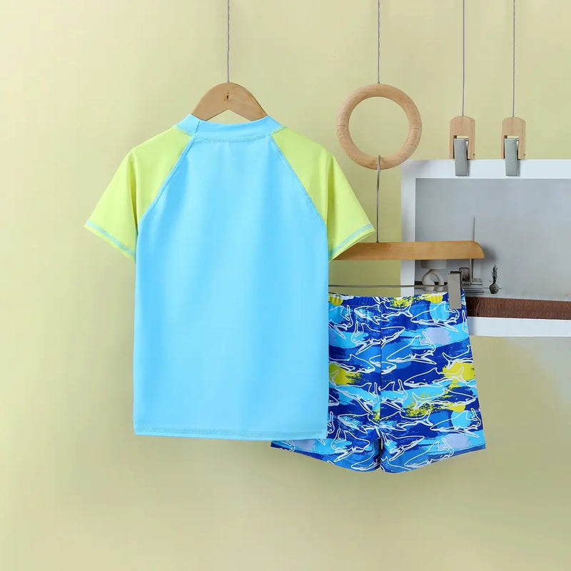 Boys Light Blue Shark Printed Short Sleeves T-Shirt & Shorts Swimsuit Sets Sets