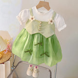 Girls Green Flower Applique Mock Vest Balloon Dress