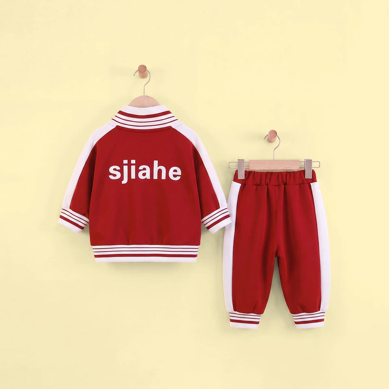 Boys Red Typographic Printed Front Open Jacket With T-Shirt & Joggers Set Sets