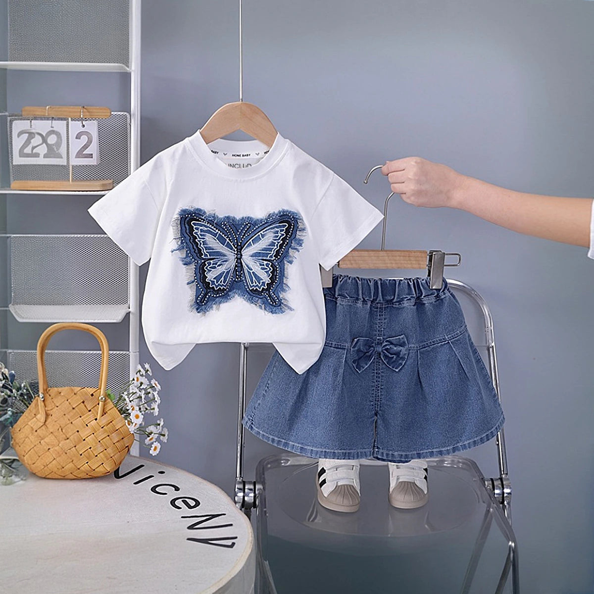 Girls White Butterfly Printed Half Sleeve T-Shirt With Denim Skirt Sets 2 pc. Sets White 1-2 Y