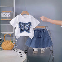 Girls White Butterfly Printed Half Sleeve T-Shirt With Denim Skirt Sets 2 pc. Sets White 1-2 Y