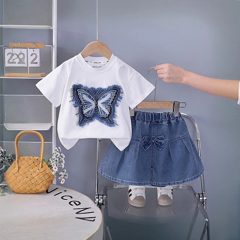Girls White Butterfly Printed Half Sleeve T-Shirt With Denim Skirt Sets 2 pc. Sets White 1-2 Y