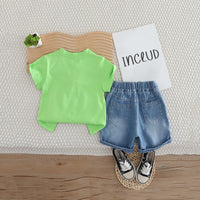 Boys Green Graphic Printed Short Sleeves T-Shirt With Denim Shorts Set 2 pc. Sets