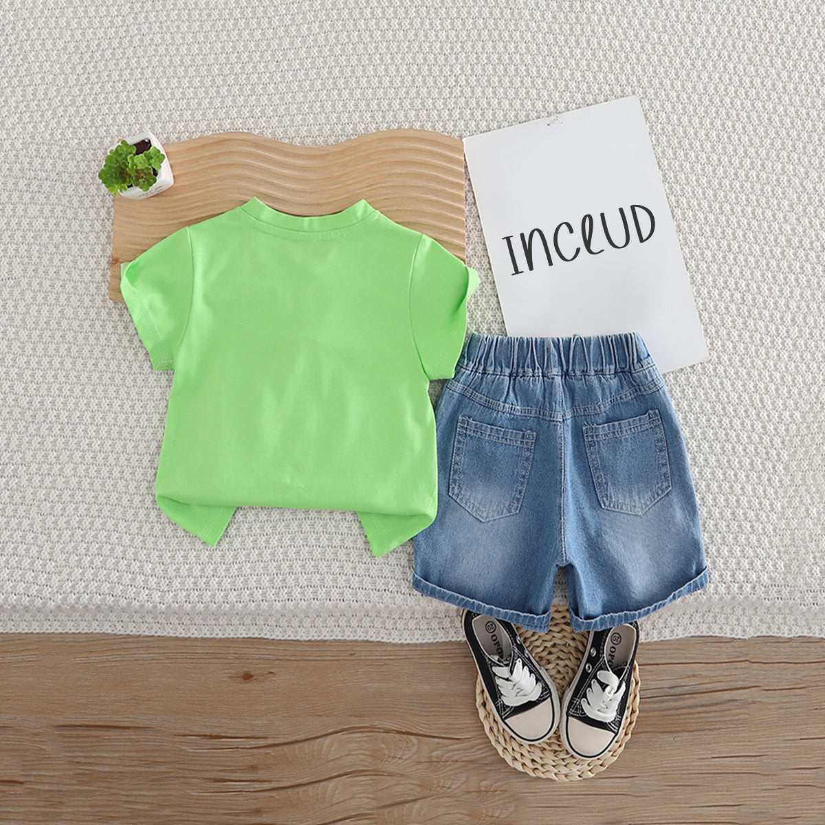 Boys Green Graphic Printed Short Sleeves T-Shirt With Denim Shorts Set 2 pc. Sets