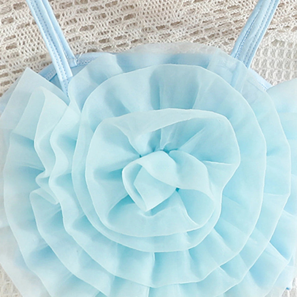 Girls Sky Blue 3D Flower Applique Crop Top With Denim Skirts Set Sets