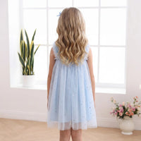 Girls Sky Blue Polka Dot Print Tulle Overlay Sleeveless A-line Dress Casual Dresses