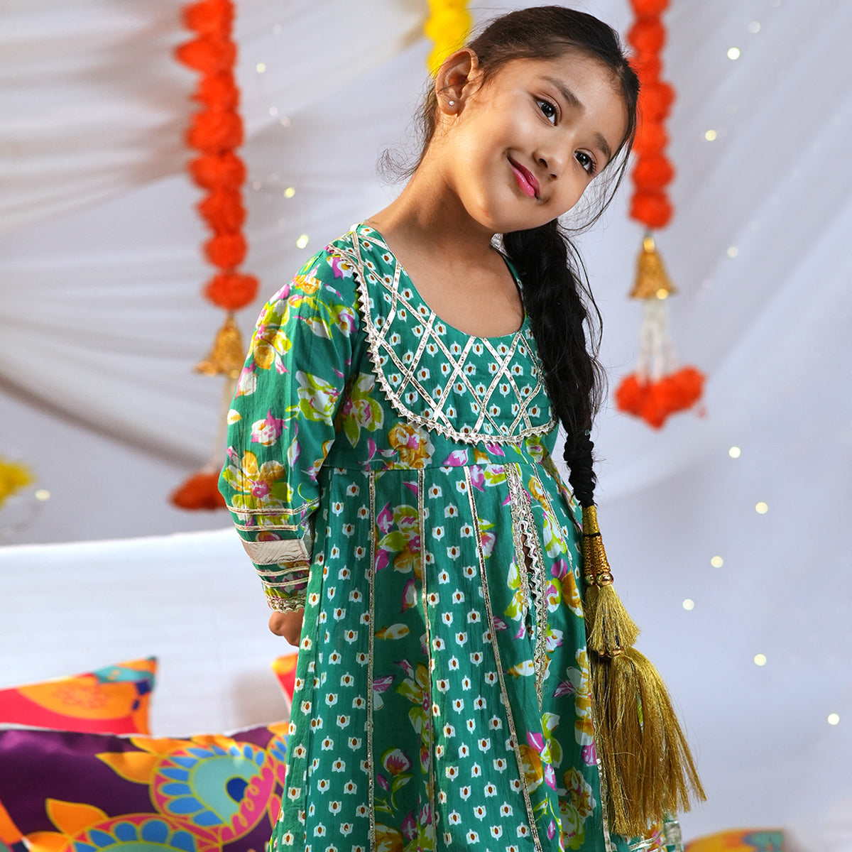 Girls Green Bandhani Print Kurta with Sharara Set Ethnicwear Girls