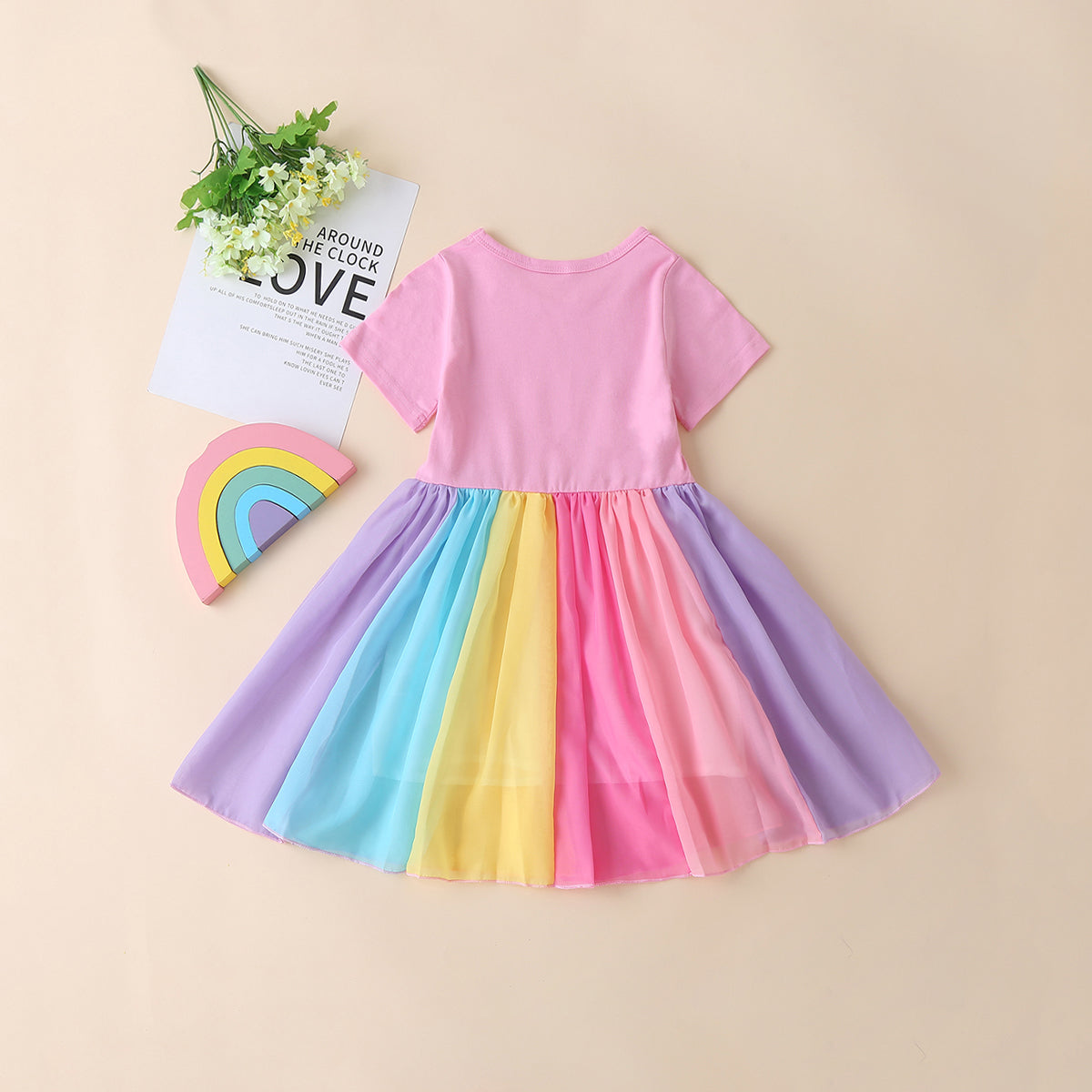 Girls Multicolor Short Sleeves Round Neck Fit And Flared Dress Casual Dresses