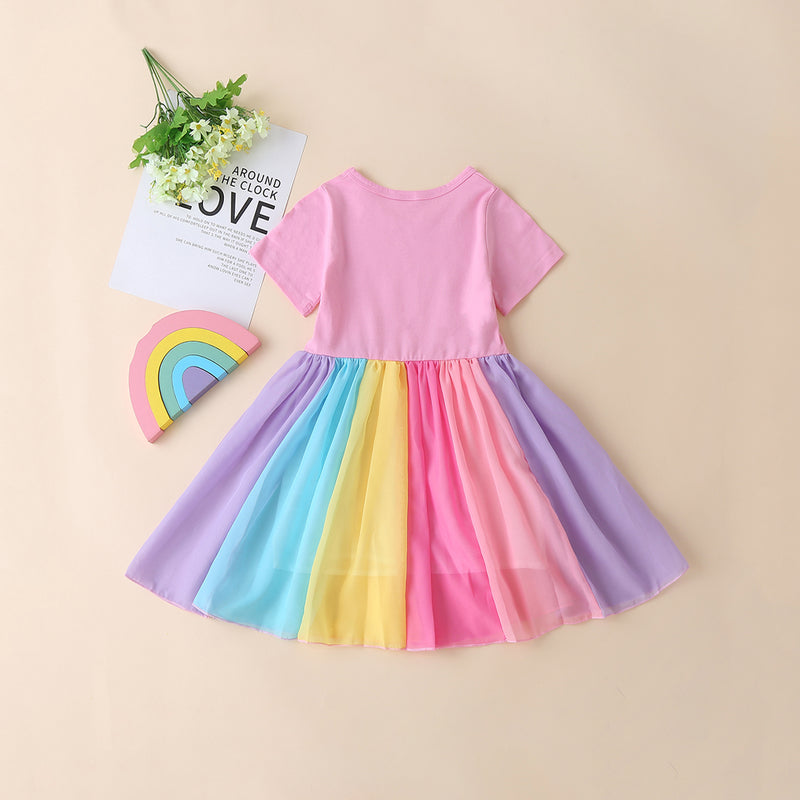 Girls Multicolor Short Sleeves Round Neck Fit And Flared Dress Casual Dresses