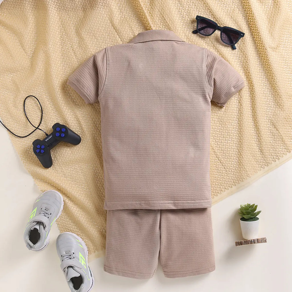 Boys Khaki Typographic Printed Short Sleeves Shirt With Elasticated Shorts And Printed T-shirt Sets 3 pc. Sets