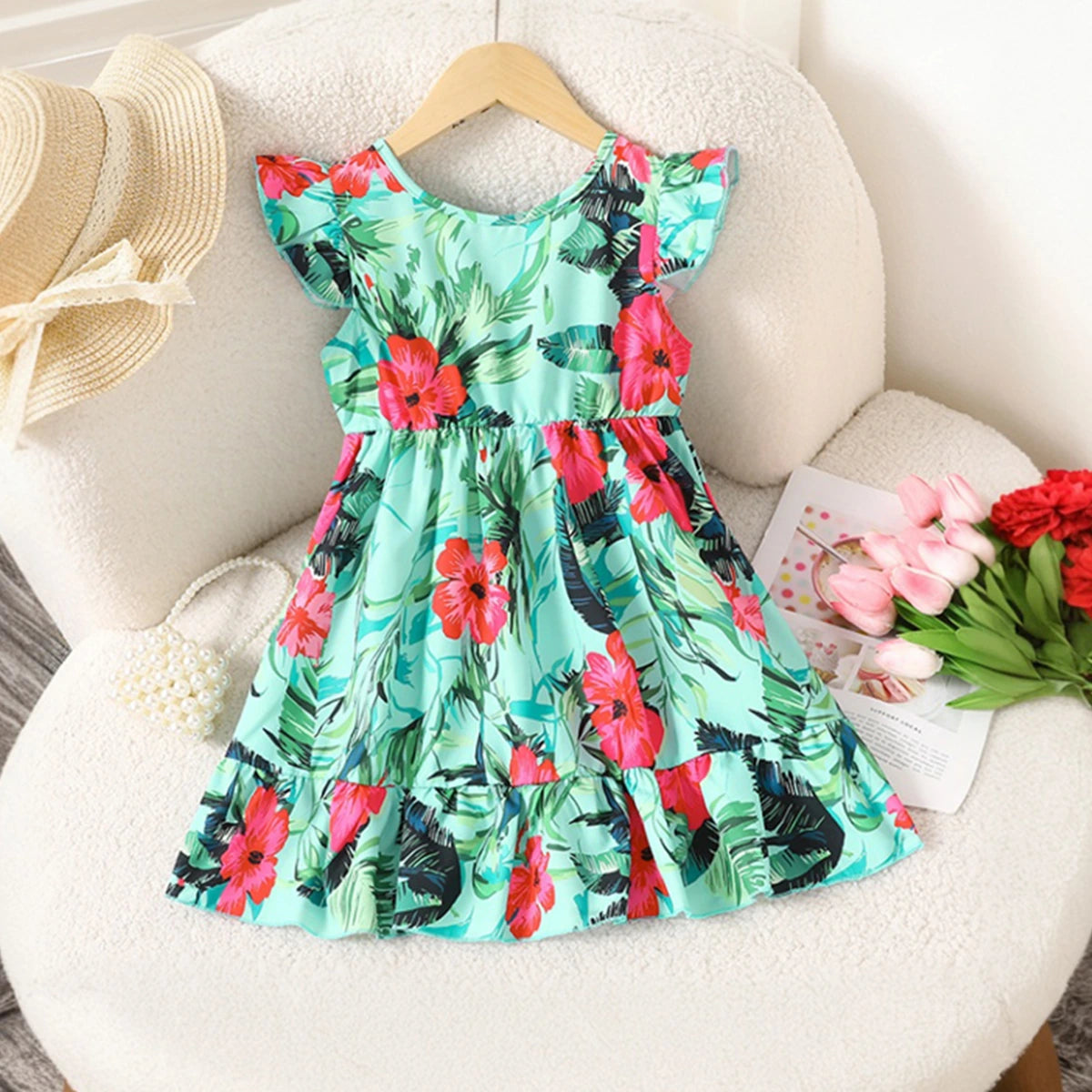 Girls Sea Green Tropical Floral Print Flutter Sleeve A-Line Dress Casual Dresses Sea Green 2-3 Y