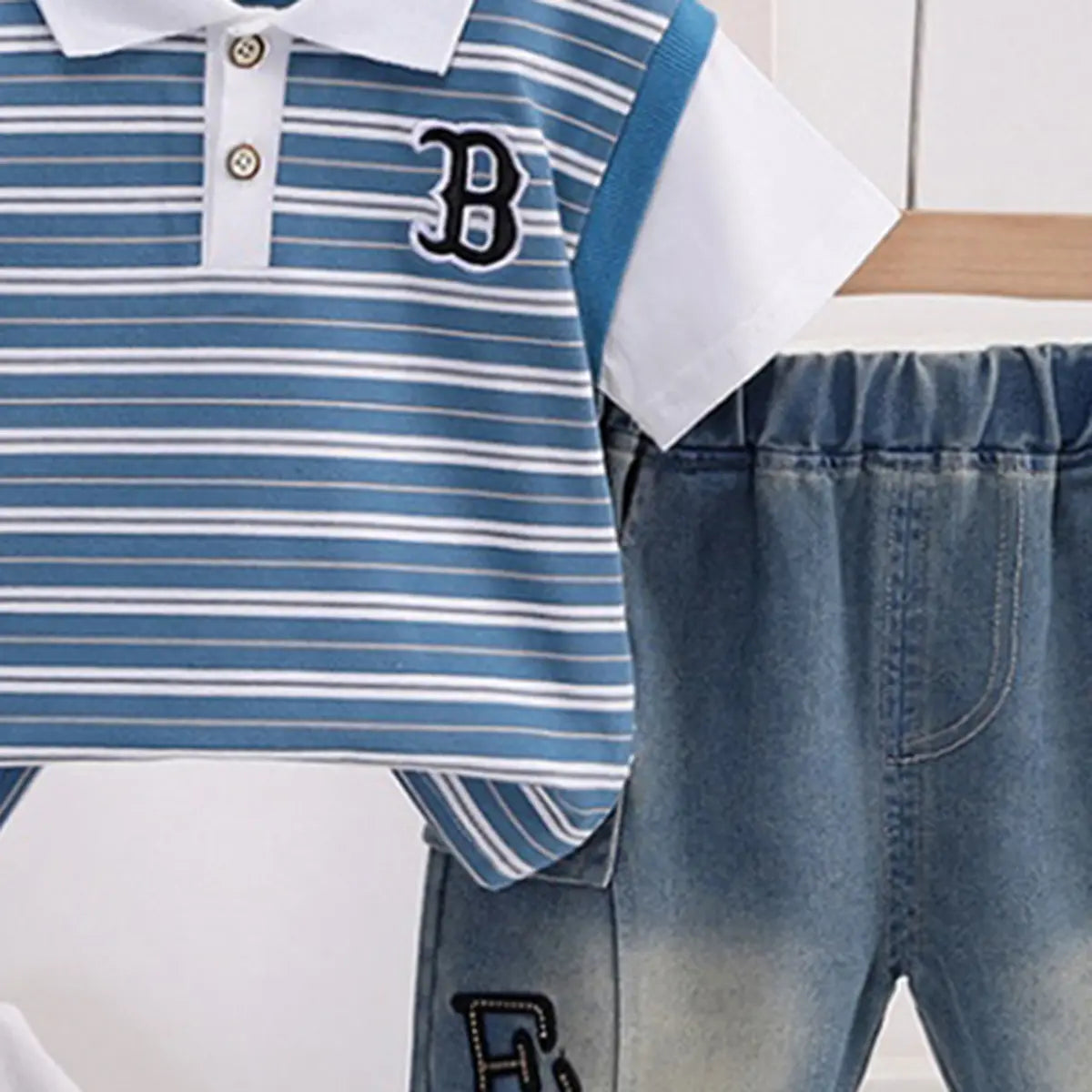 Boys Blue Striped Short Sleeve Polo T-Shirt With Denim Shorts Sets 2 pc. Sets