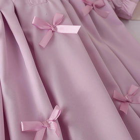Girls Purple Puff Sleeves Pleated A-line Dress With Bow Details Casual Dresses