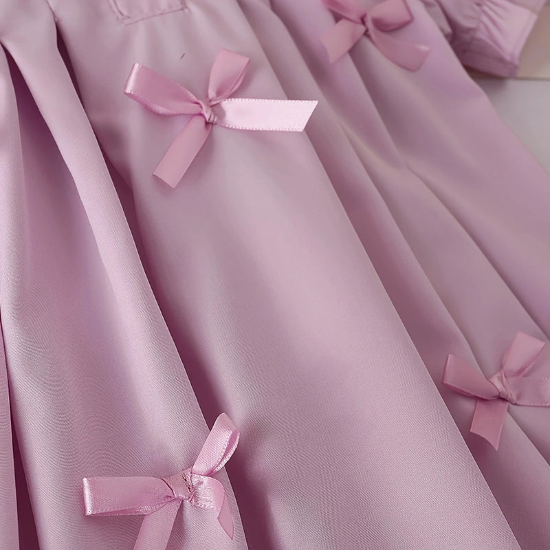 Girls Purple Puff Sleeves Pleated A-line Dress With Bow Details Casual Dresses