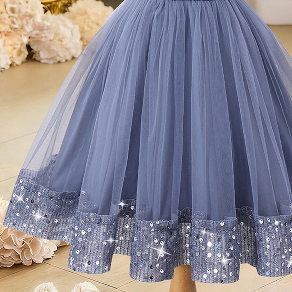 Girls Blue Sequin Embellished Sleeveless Fit & Flare Dress Casual Dresses