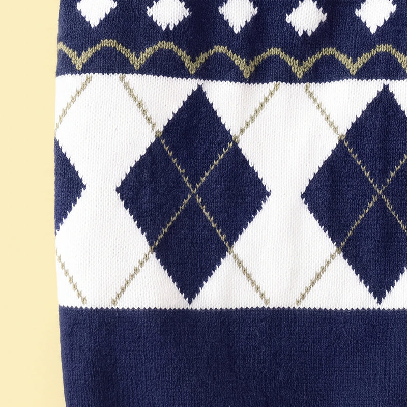 Girls Navy Blue Self-Design Argyle Pattern Button-up Cardigan Sweaters & Cardigans