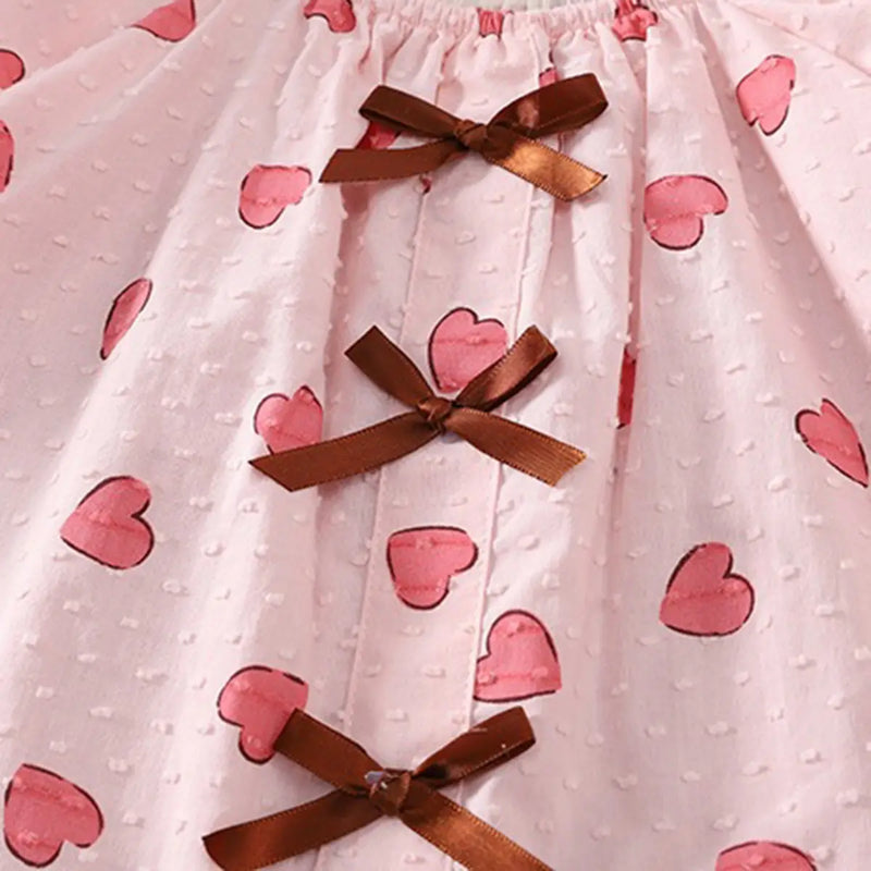 Girls Pink Heart Print Puff Sleeve Top With Shorts Sets Sets