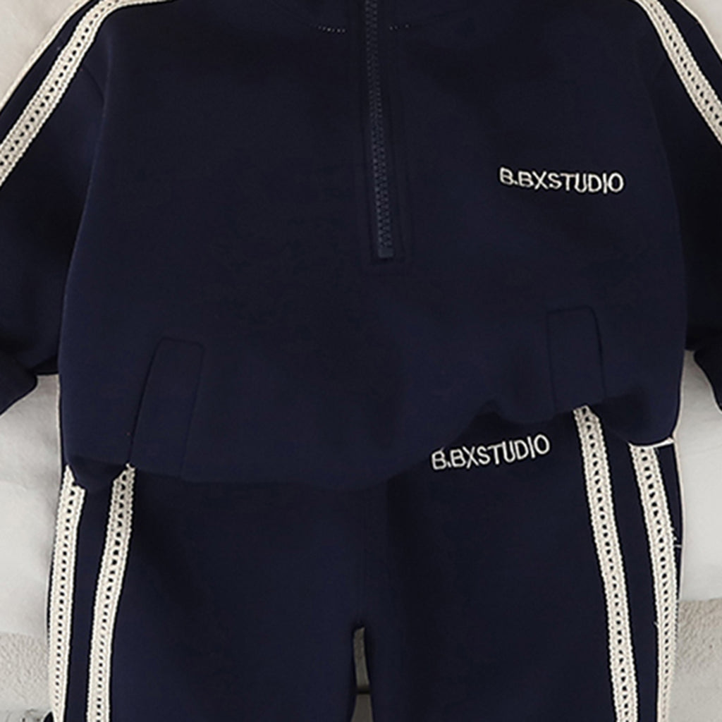Boys Dark Blue Solid Sweatshirt With Pants Co-ord Set 2 pc. Sets