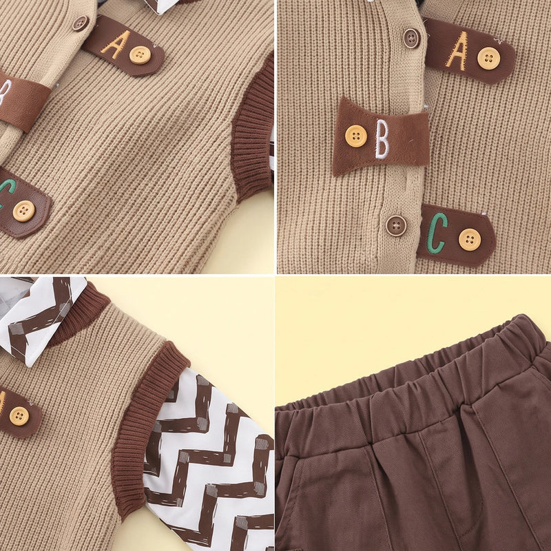 Boys light brown sweater vest with shirt and pants set