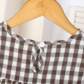 Girls Brown Gingham Checked Short Sleeves Dress Casual Dresses