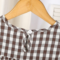 Girls Brown Gingham Checked Short Sleeves Dress Casual Dresses