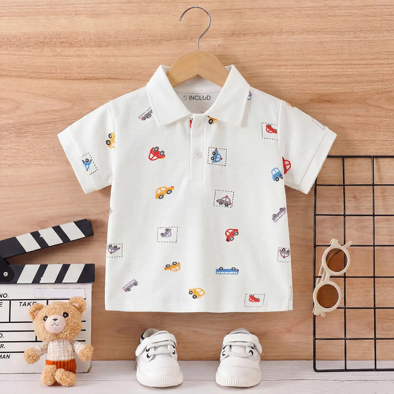 Boys White Short Sleeve Car Printed Polo T-Shirt Tshirts White 1-2 Y