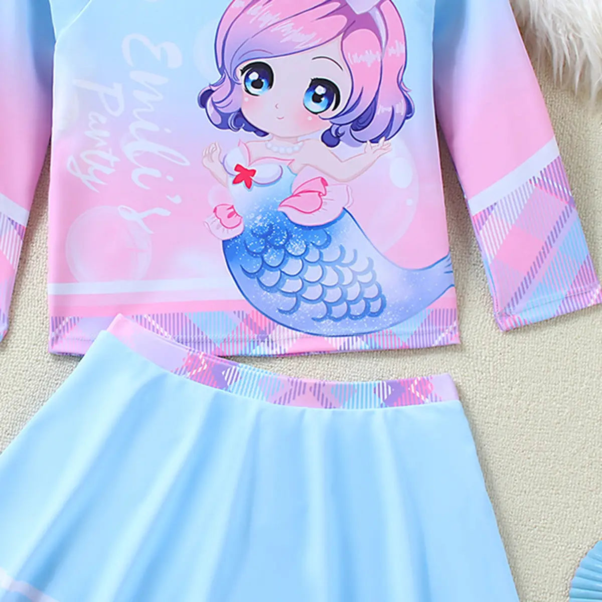 Girls Light Blue Graphics Long Sleeves T-Shirt With Skirts Swimwear Sets Beachwear