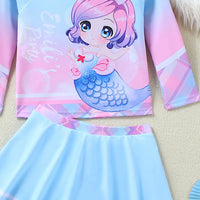 Girls Light Blue Graphics Long Sleeves T-Shirt With Skirts Swimwear Sets Beachwear