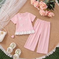 Girls Pink Short Sleeve Bow Applique T-Shirt With Pants Sets 2 pc. Sets Pink 1-2 Y