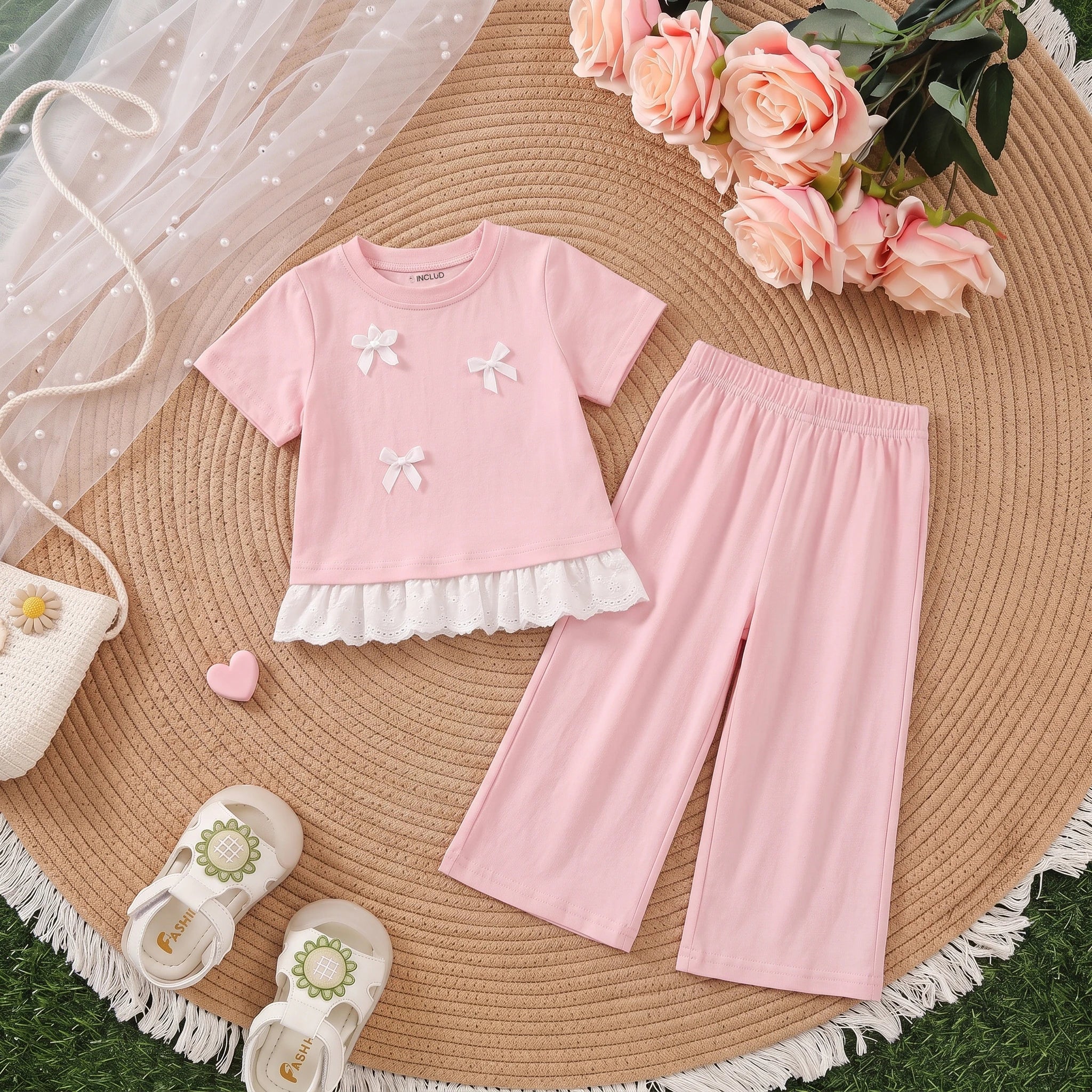 Girls Pink Short Sleeve Bow Applique T-Shirt With Pants Sets 2 pc. Sets Pink 1-2 Y