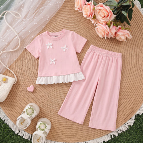 Girls Pink Short Sleeve Bow Applique T-Shirt With Pants Sets 2 pc. Sets Pink 1-2 Y