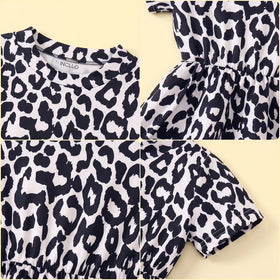 Girls Black Leopard Print Short Sleeve A-line Dress Casual Dresses