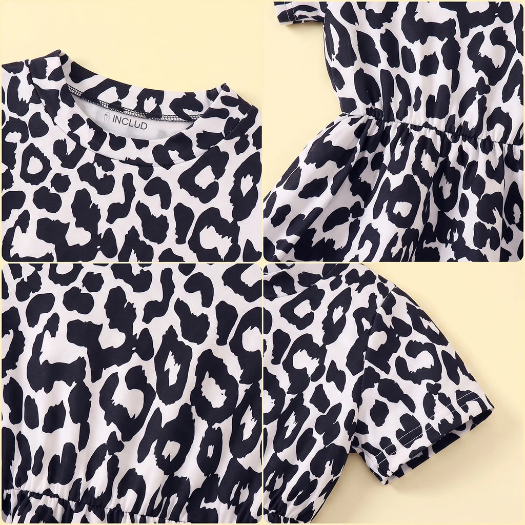 Girls Black Leopard Print Short Sleeve A-line Dress Casual Dresses