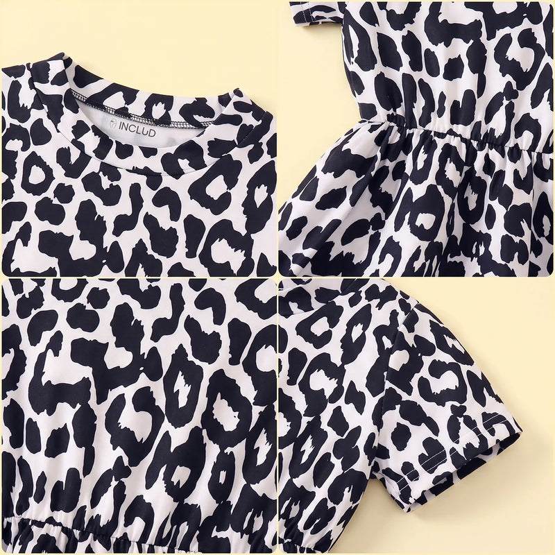Girls Black Leopard Print Short Sleeve A-line Dress Casual Dresses