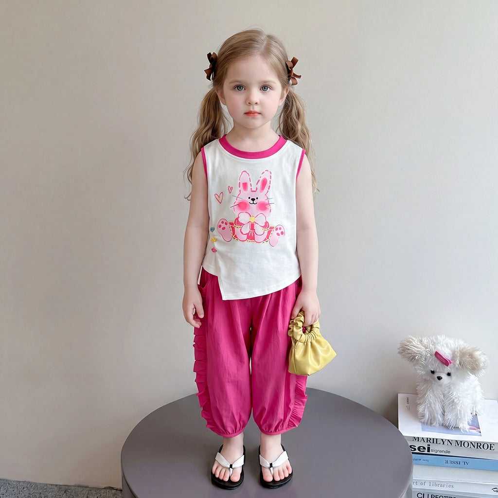Girls Bunny Print Sleeveless Top With Fuchsia Pants Sets 2 pc. Sets Fuchsia 1-2 Y