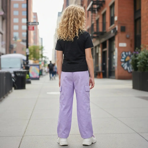 Girls Black Graphic T-Shirt with Elasticated Waist Cargo Pants Set Sets